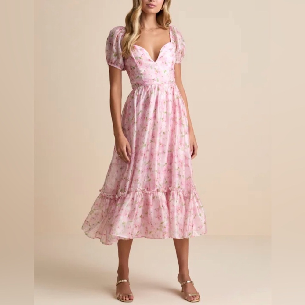 Lulu’s Pink Floral Midi Dress Puff Sleeves Tie Back Cottagecore SZ S NWT